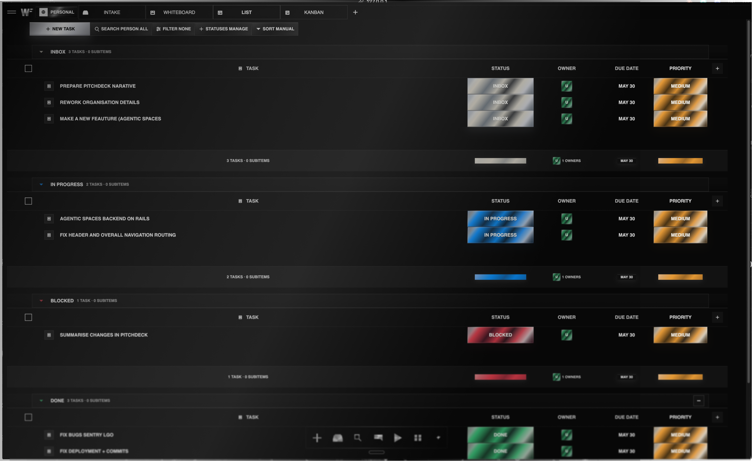 The Working 500 list surface showing task groups, owners, status, due dates, and priority