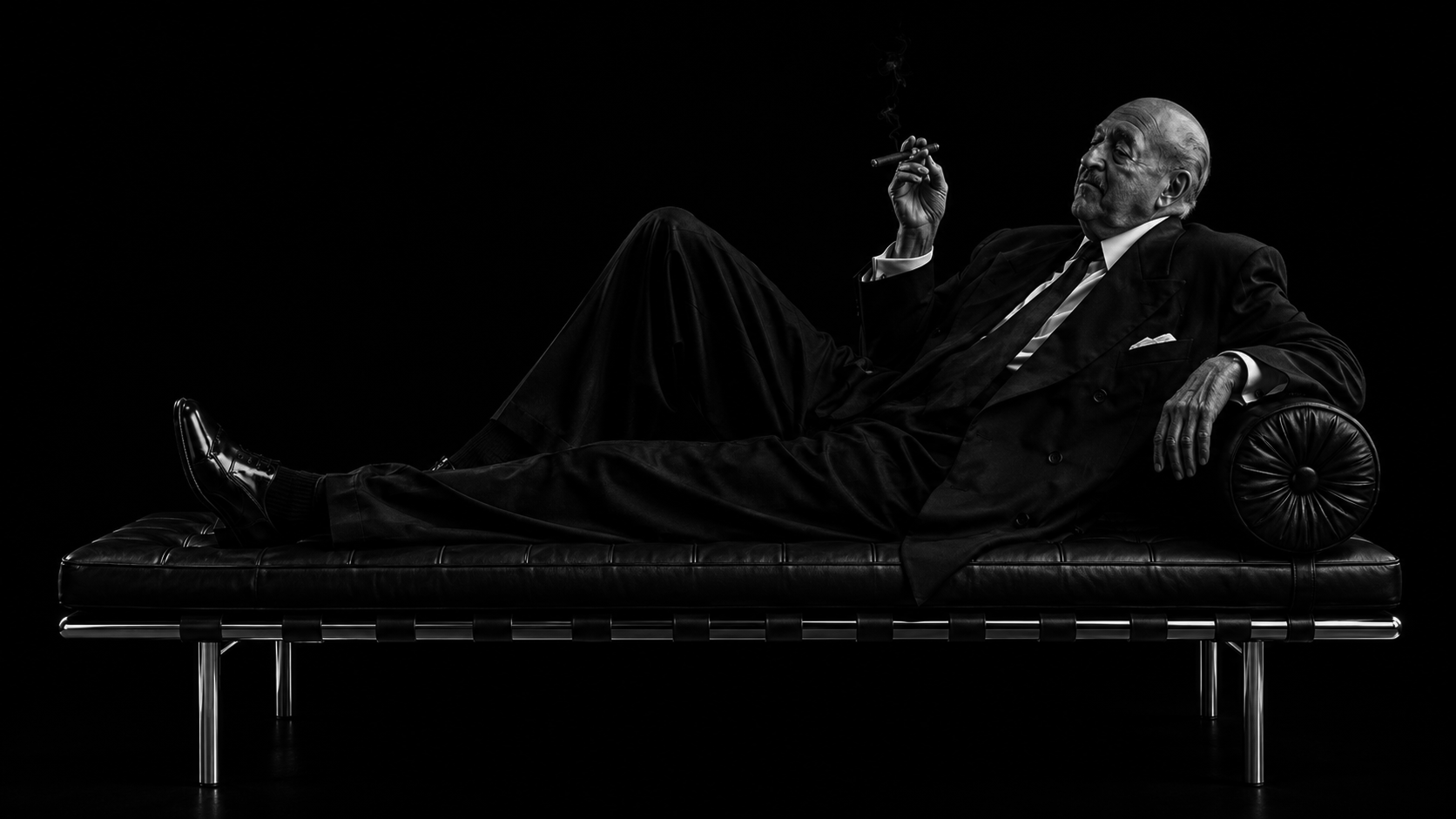 Man reclining on a black lounge chair